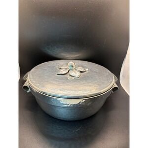 Vintage Hammered Aluminum Covered Casserole Dish- Pyrex Insert Floral Lid Handle